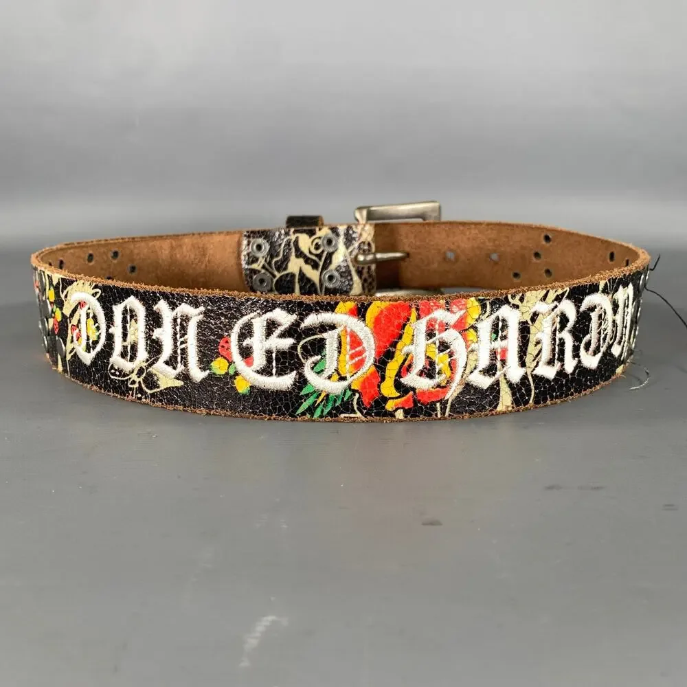 ED HARDY Size XS Black White Floral Leather Belt